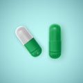 Realistic capsule white background, medicine, green tablet or pill, vector illustration