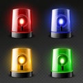 Realistic car flasher sirens. 3d emergency services color lamps, danger rotating lights, green, orange, red and blue Royalty Free Stock Photo