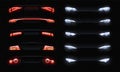 Realistic car headlights. Front and rare led automobile lights with different shapes, red tail glowing light effect