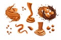 Realistic caramel, chocolate candy, toffee dessert. Sweet 3d milk splash of sauce or cream, cube icon in drip of syrup