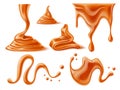 Realistic caramel melted. Liquid drips, drops and puddles, sugar syrup blots and smears, candy sweet mess, dessert