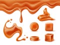 Realistic caramel. Sweet dessert component, milk and sugar candy base, melting liquid, fluid and pieces, 3d smudges and