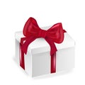 White square paper box with a red ribbons. Empty packaging. Royalty Free Stock Photo