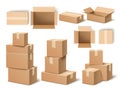 Realistic cardboard boxes. Paper parcels, post delivery opened and closed, different angles containers, top and side