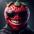 A realistic caricature of cool strawberry , with a big smile and wearing sunglasses.