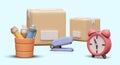 Realistic cartoon boxes, blue stapler, red clock, orange cup with pencil, brush, and pen Royalty Free Stock Photo