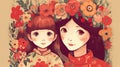 a realistic cartoon inspired mothers day illustration, daughter with her mom with a lot of flowers around, ai generated image