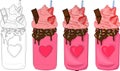 Realistic cartoon milkshake in a heart jar with chocolate, rainbow sprinkles and strawberry template set. Vector illustration sket