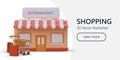 Web page with realistic cartoon supermarket with orange cart and shopping bags