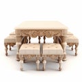 Realistic Carved Furniture Set: White Dining Table And Stools