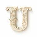Realistic Carved Wood Letter U With Baroque Floral Decorations