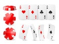 Realistic casino chips and aces. Red game tokens and playing cards, different suits, various viewing angle, poker Royalty Free Stock Photo