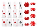 Realistic casino chips and card aces. 3D plastic red game tokens in different view angles and poker cards all stripes Royalty Free Stock Photo