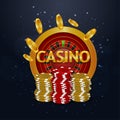 Realistic casino invitation greeting card with vector chips, roulette and background
