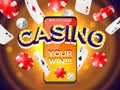 Realistic casino poster. Online gambling composition, mobile gaming application, flying cards, dice, red chips Royalty Free Stock Photo