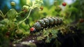 Realistic Caterpillar Feasting On Berries In A Solarpunk Garden
