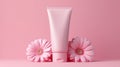 Realistic Cc Cream Bottle On Arch With Flower On Pink Background