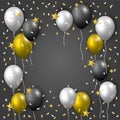 Realistic celebration vector template with golden, silver and black flying party balloons, confetti and stars on grey background Royalty Free Stock Photo