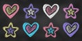 Realistic Chalk Drawn Sketch. Set of Design Elements Hearts and Stars Isolated on Chalkboard Backdrop Royalty Free Stock Photo