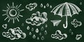 Realistic Chalk Drawn Sketch. Set of Design Elements Sun, Clouds, Rain, Drops, Umbrella, and Paper Airplane Isolated on Chalkboard