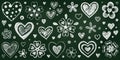 Realistic Chalk Drawn Sketch. Set of Design Elements White Hearts and Flowers Isolated on Green Chalkboard Backdrop Royalty Free Stock Photo