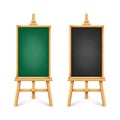 Realistic chalkboard on wooden easel. Blank blackboard in wooden frame on a tripod. Presentation board, writing surface Royalty Free Stock Photo