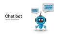 Realistic chat bot answers questions, communicates. Blue mini droid, signs of messages, comments