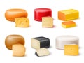 Realistic cheese. Different varieties cheeses, whole circles, blocks and pieces, brie, cheddar and parmesan, maasdam and