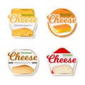 Realistic cheese labels. Different shapes product packaging stickers, various varieties, chunk of maasdam and gouda