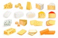 Realistic cheese pieces. 3d triangle piece cheeses collection, hard cheddar chunk with holes, edam sliced block parmesan