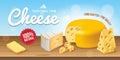 Realistic cheese poster. Farm cheeses promoting background design with headlines, cut cheddar fresh gouda or dutch edam