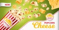 Realistic cheese product poster. 3d popcorn flying out of bucket with gouda cheese flavor, salty air snack, fast food Royalty Free Stock Photo