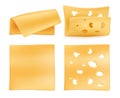Realistic cheese slices. Cheeses square slice with holes, isolated sliced piece cheddar or swiss emmental, dairy food