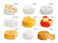 Realistic cheese types. Various cheeses collection, brie gouda parmesan cheddar mozzarella italian snack swiss