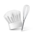 Realistic chef hat and kitchen whisk on plain background