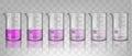 Realistic chemical beakers with solution in different concentration. Chemical lab glassware filled with substance