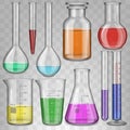 Realistic chemical lab glass beaker, filled test tubes, flask, glassware equipment. Laboratory chemical tests glassware vector