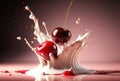 Realistic cherries on a background of splashes of milk and cherry syrup.