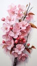Realistic cherry blossom branch in spring with Watercolor pink sakura flower and leaves background Royalty Free Stock Photo