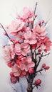 Realistic cherry blossom branch in spring with Watercolor pink sakura flower and leaves background Royalty Free Stock Photo