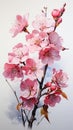 Realistic cherry blossom branch in spring with Watercolor pink sakura flower and leaves background Royalty Free Stock Photo