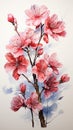 Realistic cherry blossom branch in spring with Watercolor pink sakura flower and leaves background Royalty Free Stock Photo