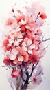 Realistic cherry blossom branch in spring with Watercolor pink sakura flower and leaves background Royalty Free Stock Photo