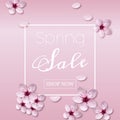 Realistic cherry blossom, flowers of sakura. Banner for spring sale. Vector art and illustration. Royalty Free Stock Photo