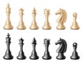 Realistic chess pieces set. 3d king, queen bishop and pawn horse rook. Black and white chess figures Royalty Free Stock Photo