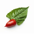 Realistic Chiaroscuro: Red Pepper And Green Leaf On White