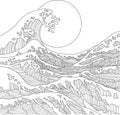 Realistic chinese style graphic sea waves and sun sketch template. Cartoon vector illustration in black and white