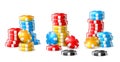 Realistic chips stacks. Colored round game tokens pile different colors elements, poker gambling, roulette, betting Royalty Free Stock Photo