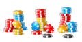 Realistic chips stacks. Colored round game tokens pile different colors elements, poker gambling, roulette, betting accessories, Royalty Free Stock Photo