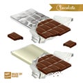 Realistic chocolate bar with bite wrapped in foil and the plastic cover. Bitten chocolate pieces Royalty Free Stock Photo